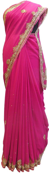 Pink Designer Wedding Partywear Georgette Hand Embroidery Zari Bullion Cutdana Stone Beads Work Kolkata Saree Sari E322