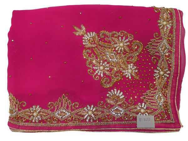 Pink Designer Wedding Partywear Georgette Hand Embroidery Zari Bullion Cutdana Stone Beads Work Kolkata Saree Sari E322