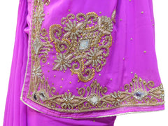 Magenta Designer Wedding Partywear Georgette Hand Embroidery Zari Bullion Cutdana Stone Beads Work Kolkata Saree Sari E324