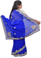 Blue Designer Wedding Partywear Georgette Hand Embroidery Zari Bullion Cutdana Stone Beads Work Kolkata Saree Sari E325