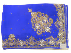 Blue Designer Wedding Partywear Georgette Hand Embroidery Zari Bullion Cutdana Stone Beads Work Kolkata Saree Sari E325