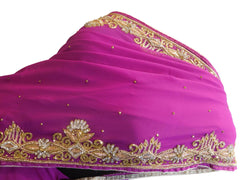 Purple Designer Wedding Partywear Georgette Hand Embroidery Zari Bullion Cutdana Stone Beads Work Kolkata Saree Sari E326