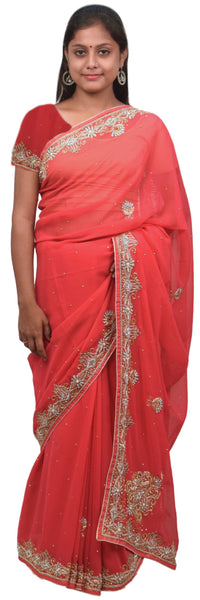 Gajari Pink Designer Wedding Partywear Georgette Hand Embroidery Zari Bullion Cutdana Stone Beads Work Kolkata Saree Sari E327