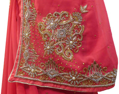 Gajari Pink Designer Wedding Partywear Georgette Hand Embroidery Zari Bullion Cutdana Stone Beads Work Kolkata Saree Sari E327