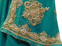 Turquoise Designer Wedding Partywear Georgette Hand Embroidery Zari Bullion Cutdana Stone Beads Work Kolkata Saree Sari E328