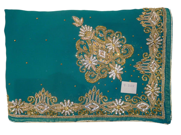 Turquoise Designer Wedding Partywear Georgette Hand Embroidery Zari Bullion Cutdana Stone Beads Work Kolkata Saree Sari E328