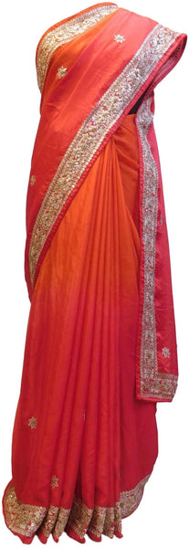 Red Designer Wedding Partywear Ethnic Bridal Crepe (Chinon) Hand Embroidery Gota Pearl Thread Bullion Stone Beads Work Kolkata Women Saree Sari E329