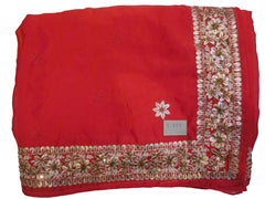 Red Designer Wedding Partywear Ethnic Bridal Crepe (Chinon) Hand Embroidery Gota Pearl Thread Bullion Stone Beads Work Kolkata Women Saree Sari E329