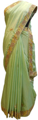 Green Designer Wedding Partywear Ethnic Bridal Crepe (Chinon) Hand Embroidery Cutdana Zari Sequence Thread Work Kolkata Women Saree Sari E331