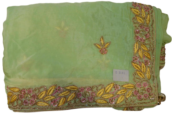 Green Designer Wedding Partywear Ethnic Bridal Crepe (Chinon) Hand Embroidery Cutdana Zari Sequence Thread Work Kolkata Women Saree Sari E331