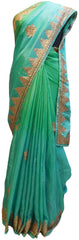 Turquoise & Green Designer Wedding Partywear Ethnic Bridal Crepe (Chinon) Hand Embroidery Cutdana Beads Gota Thread Work Kolkata Women Saree Sari E332