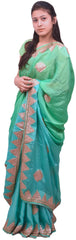 Turquoise & Green Designer Wedding Partywear Ethnic Bridal Crepe (Chinon) Hand Embroidery Cutdana Beads Gota Thread Work Kolkata Women Saree Sari E332