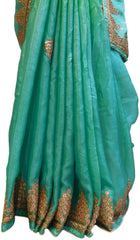 Turquoise & Green Designer Wedding Partywear Ethnic Bridal Crepe (Chinon) Hand Embroidery Cutdana Beads Gota Thread Work Kolkata Women Saree Sari E332