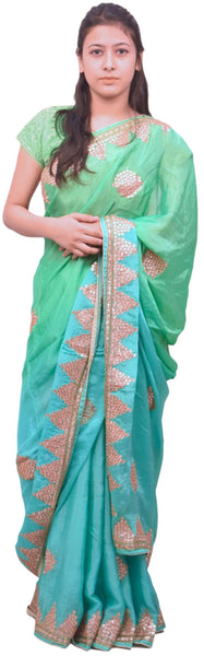 Turquoise & Green Designer Wedding Partywear Ethnic Bridal Crepe (Chinon) Hand Embroidery Cutdana Beads Gota Thread Work Kolkata Women Saree Sari E332
