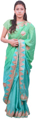 Turquoise & Green Designer Wedding Partywear Ethnic Bridal Crepe (Chinon) Hand Embroidery Cutdana Beads Gota Thread Work Kolkata Women Saree Sari E332