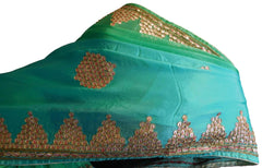Turquoise & Green Designer Wedding Partywear Ethnic Bridal Crepe (Chinon) Hand Embroidery Cutdana Beads Gota Thread Work Kolkata Women Saree Sari E332