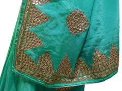 Turquoise & Green Designer Wedding Partywear Ethnic Bridal Crepe (Chinon) Hand Embroidery Cutdana Beads Gota Thread Work Kolkata Women Saree Sari E332
