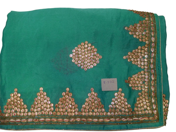 Turquoise & Green Designer Wedding Partywear Ethnic Bridal Crepe (Chinon) Hand Embroidery Cutdana Beads Gota Thread Work Kolkata Women Saree Sari E332
