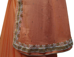 Peach Designer Wedding Partywear Georgette Hand Embroidery Pearl Stone Beads Work Kolkata Saree Sari E334