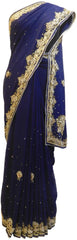 Blue Designer Wedding Partywear Georgette Hand Embroidery Zari Bullion Cutdana Stone Beads Work Kolkata Saree Sari E346
