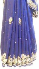 Blue Designer Wedding Partywear Georgette Hand Embroidery Zari Bullion Cutdana Stone Beads Work Kolkata Saree Sari E346