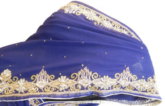 Blue Designer Wedding Partywear Georgette Hand Embroidery Zari Bullion Cutdana Stone Beads Work Kolkata Saree Sari E346