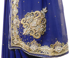 Blue Designer Wedding Partywear Georgette Hand Embroidery Zari Bullion Cutdana Stone Beads Work Kolkata Saree Sari E346