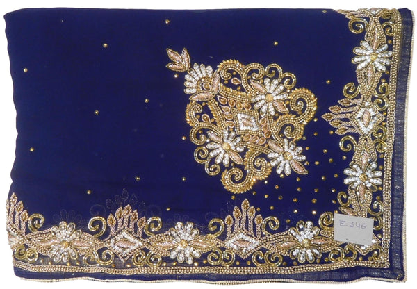 Blue Designer Wedding Partywear Georgette Hand Embroidery Zari Bullion Cutdana Stone Beads Work Kolkata Saree Sari E346