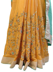 Turquoise & Yellow Designer Wedding Partywear Ethnic Bridal Crepe (Chinon) Hand Embroidery Thread Bullion Stone Beads Work Kolkata Women Saree Sari E348