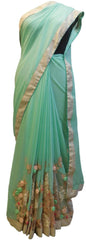 Turquoise Designer Wedding Partywear Ethnic Bridal Crepe (Chinon) Hand Embroidery Thread Bullion Stone Beads Work Kolkata Women Saree Sari E349