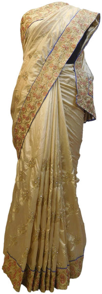 Cream Designer Wedding Partywear Silk Hand Embroidery Zari Cutdana Stone Thread Work Kolkata Saree Sari E350