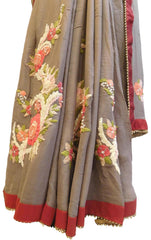 Grey Designer PartyWear Bridal Georgette (Viscos) Thread Stone Pearl Hand Embroidery Work Wedding Saree Sari E352
