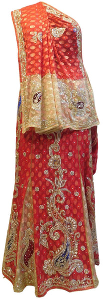 Red & Beige Designer Wedding Party Wear Brasso Hand Embroidery Beads Cutdana Stone Work Bridal Saree Sari E353
