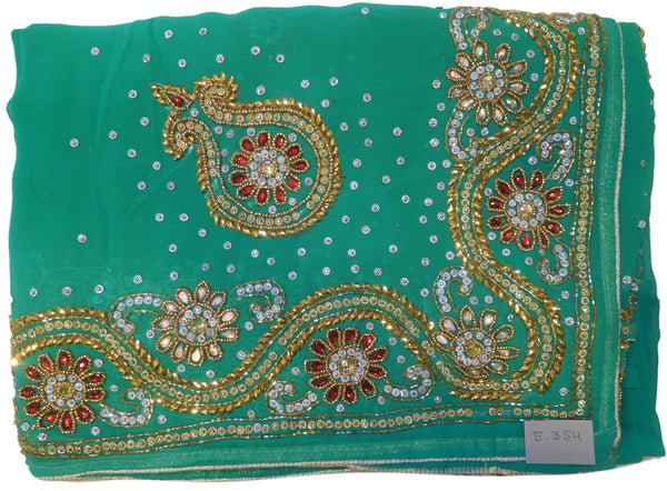 Sea Green Designer Wedding Partywear Georgette Hand Embroidery Cutdana Stone Beads Work Kolkata Saree Sari E354