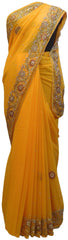 Yellow Designer Wedding Partywear Georgette Hand Embroidery Cutdana Stone Beads Work Kolkata Saree Sari E355