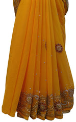 Yellow Designer Wedding Partywear Georgette Hand Embroidery Cutdana Stone Beads Work Kolkata Saree Sari E355