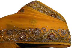 Yellow Designer Wedding Partywear Georgette Hand Embroidery Cutdana Stone Beads Work Kolkata Saree Sari E355