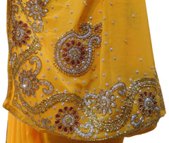 Yellow Designer Wedding Partywear Georgette Hand Embroidery Cutdana Stone Beads Work Kolkata Saree Sari E355