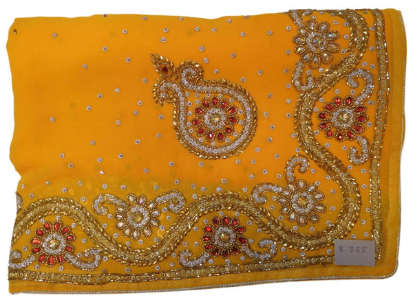 Yellow Designer Wedding Partywear Georgette Hand Embroidery Cutdana Stone Beads Work Kolkata Saree Sari E355