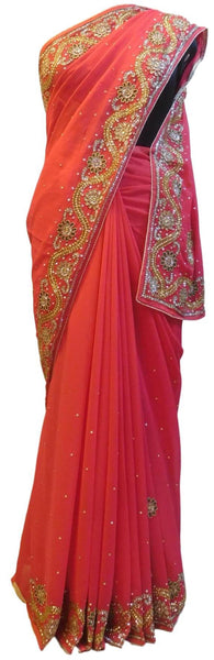 Pink Designer Wedding Partywear Georgette Hand Embroidery Cutdana Stone Beads Work Kolkata Saree Sari E356