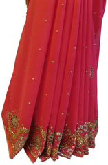 Pink Designer Wedding Partywear Georgette Hand Embroidery Cutdana Stone Beads Work Kolkata Saree Sari E356