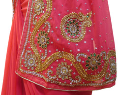 Pink Designer Wedding Partywear Georgette Hand Embroidery Cutdana Stone Beads Work Kolkata Saree Sari E356