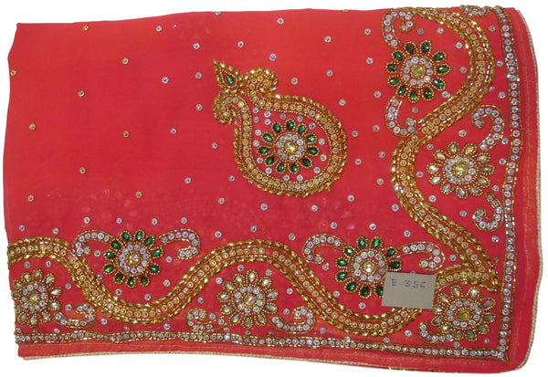 Pink Designer Wedding Partywear Georgette Hand Embroidery Cutdana Stone Beads Work Kolkata Saree Sari E356