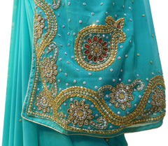 Turquoise Designer Wedding Partywear Georgette Hand Embroidery Cutdana Stone Beads Work Kolkata Saree Sari E357