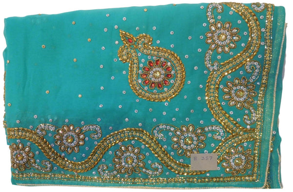 Turquoise Designer Wedding Partywear Georgette Hand Embroidery Cutdana Stone Beads Work Kolkata Saree Sari E357