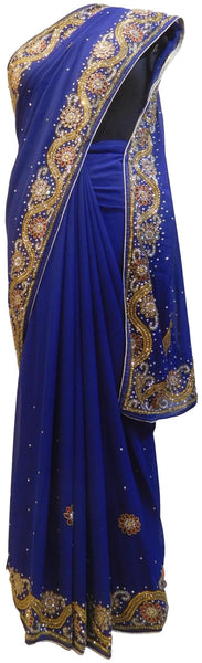 Blue Designer Wedding Partywear Georgette Hand Embroidery Cutdana Stone Beads Work Kolkata Saree Sari E358