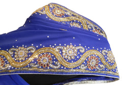 Blue Designer Wedding Partywear Georgette Hand Embroidery Cutdana Stone Beads Work Kolkata Saree Sari E358