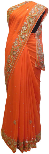 Orange Designer Wedding Partywear Georgette Hand Embroidery Cutdana Stone Beads Work Kolkata Saree Sari E359