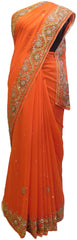 Orange Designer Wedding Partywear Georgette Hand Embroidery Cutdana Stone Beads Work Kolkata Saree Sari E359