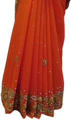 Orange Designer Wedding Partywear Georgette Hand Embroidery Cutdana Stone Beads Work Kolkata Saree Sari E359